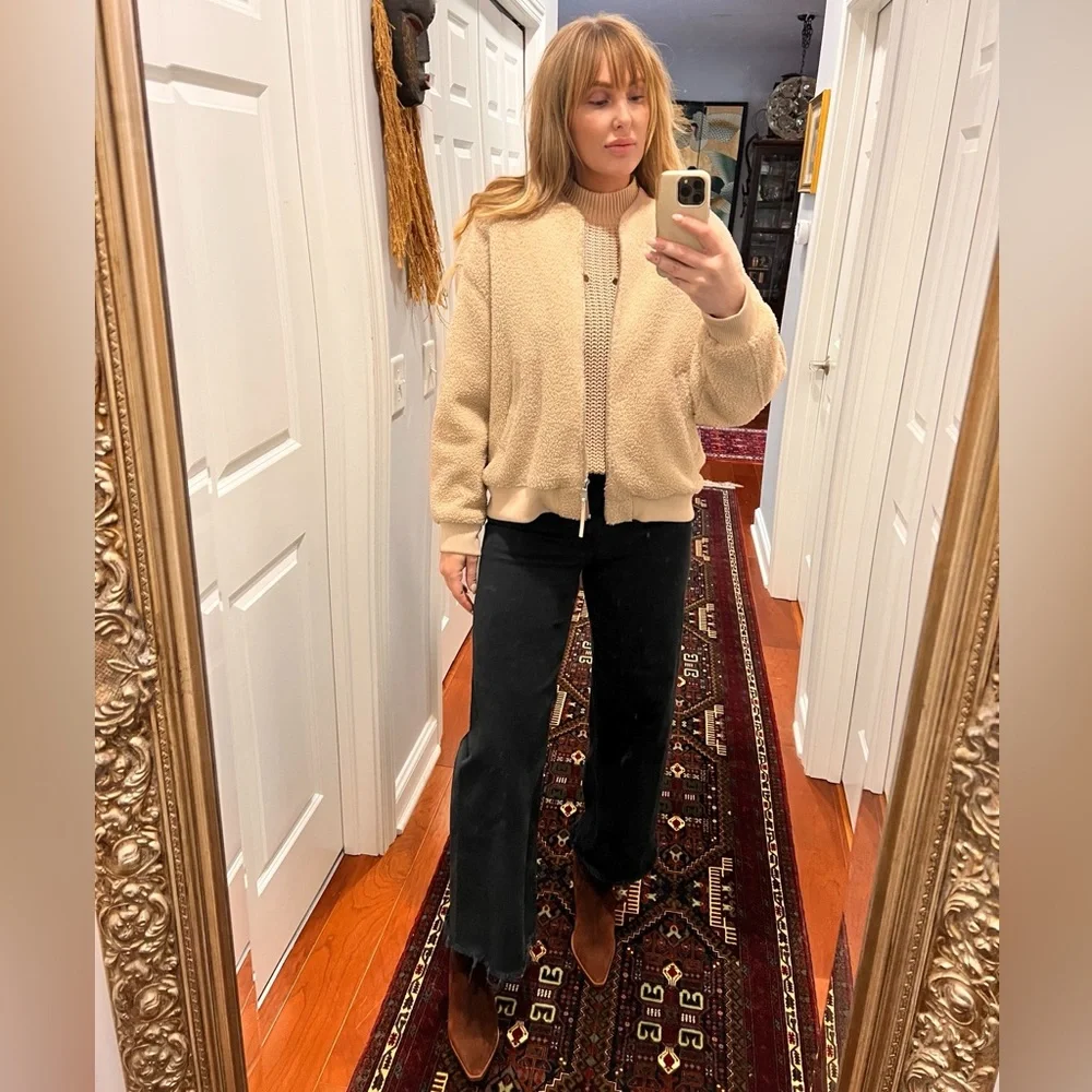 AVEC LES FILLES Cream Faux Fur Teddy Bomber Jacket